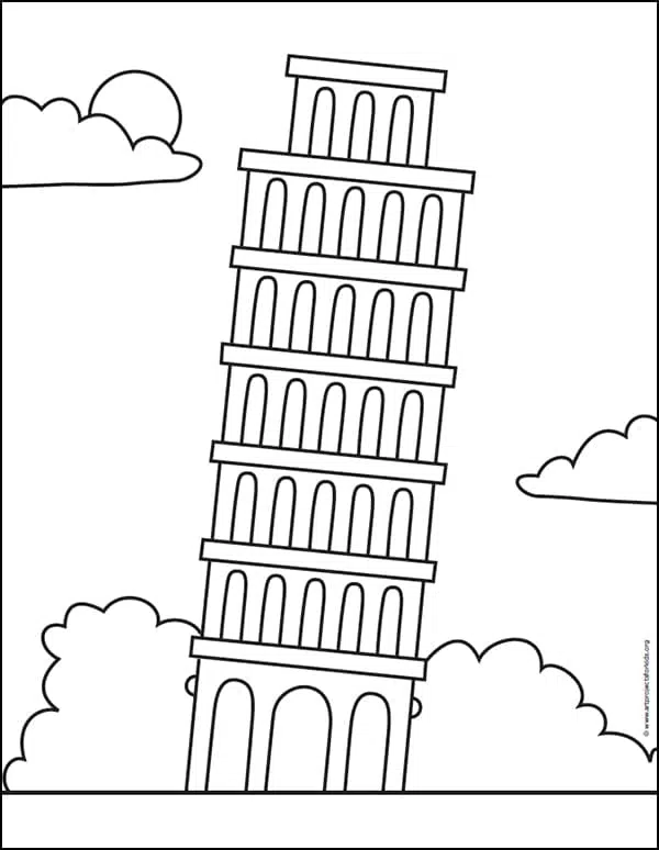 Easy How to Draw Leaning Tower of Pisa Tutorial & Coloring Page