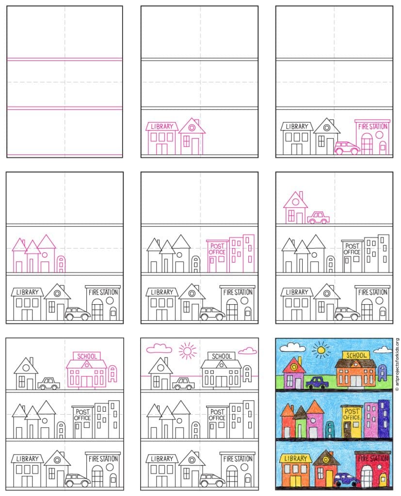 A step by step tutorial for how to draw an easy Neighborhood, also available as a free download.