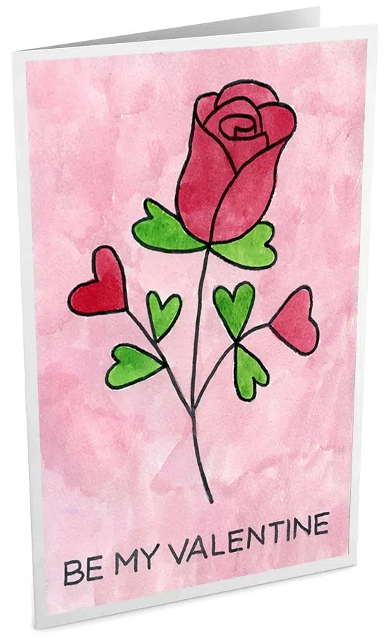 A drawing of a Rose for Valentine's Day, folded to make a pretty Valentine's Day card.