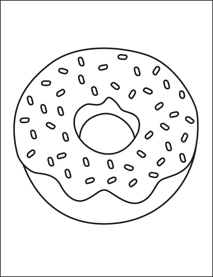 Страница раскраски с пончиками, доступная для бесплатного скачивания.