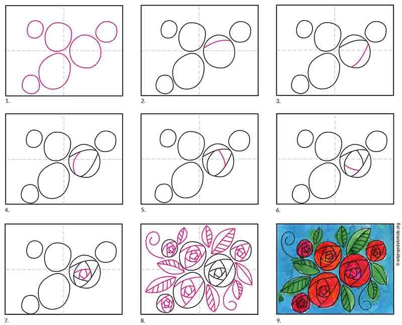 A step by step tutorial for how to draw an easy rose for kids, also available as a free download.