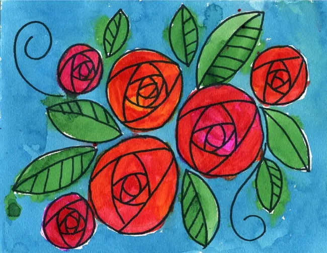 A drawing of a rose for kids, made with the help of an easy step by step tutorial. 