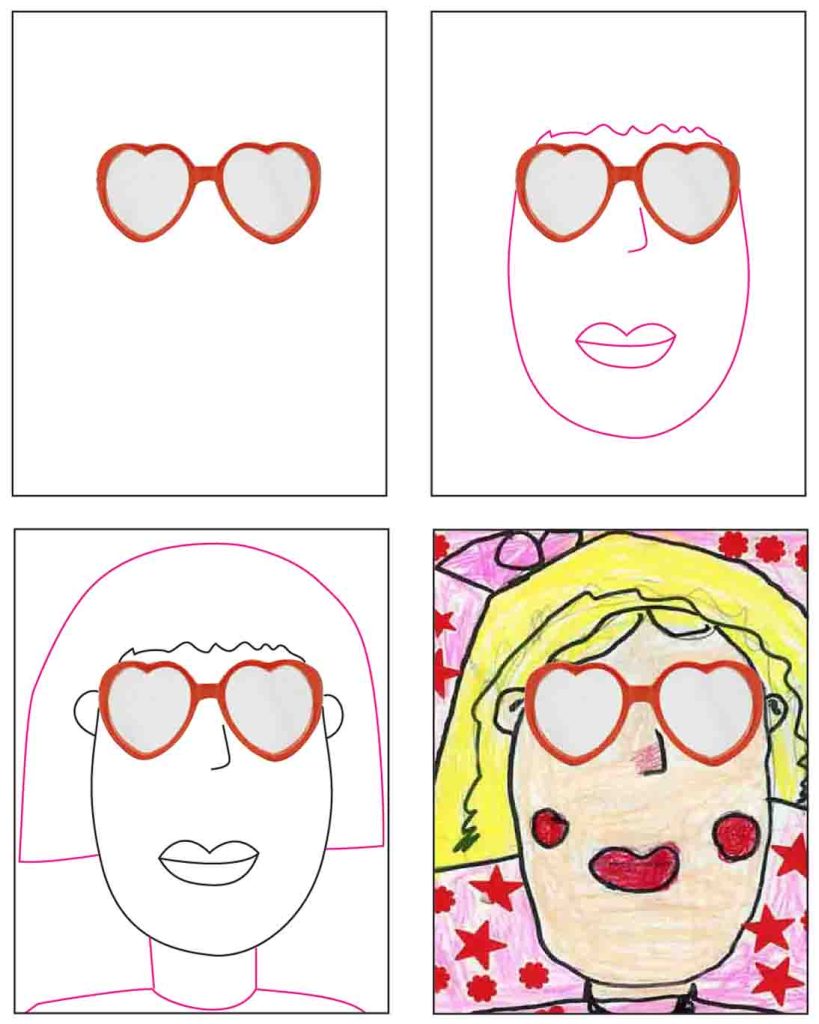 Un tutorial paso a paso sobre cómo dibujar el retrato de Heart Glasses, también disponible como descarga gratuita.