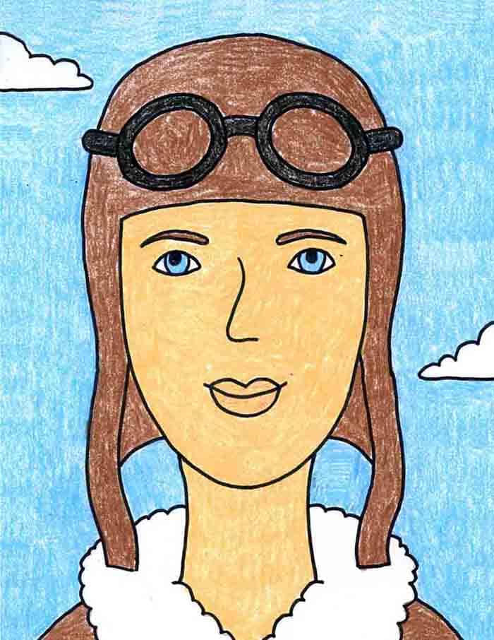 A drawing of Amelia Earhart, made with the help of an easy step by step tutorial.