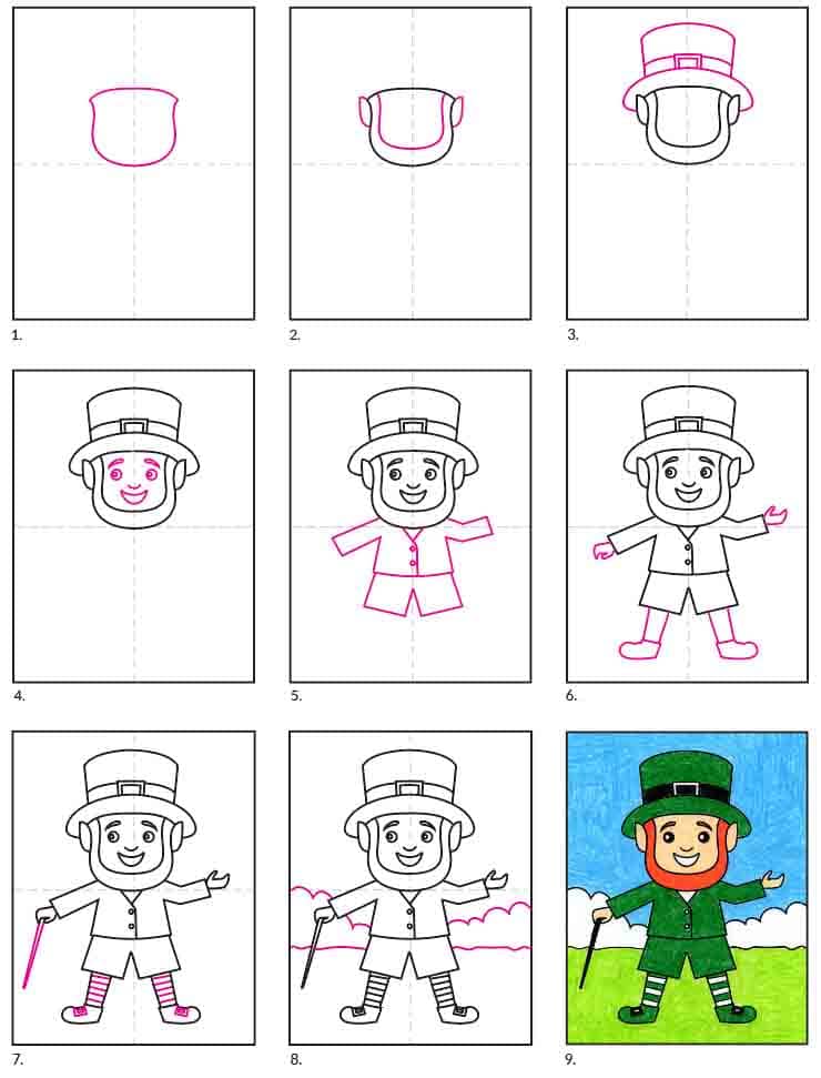 A step by step tutorial for how to draw an easy Leprechaun, also available as a free download.