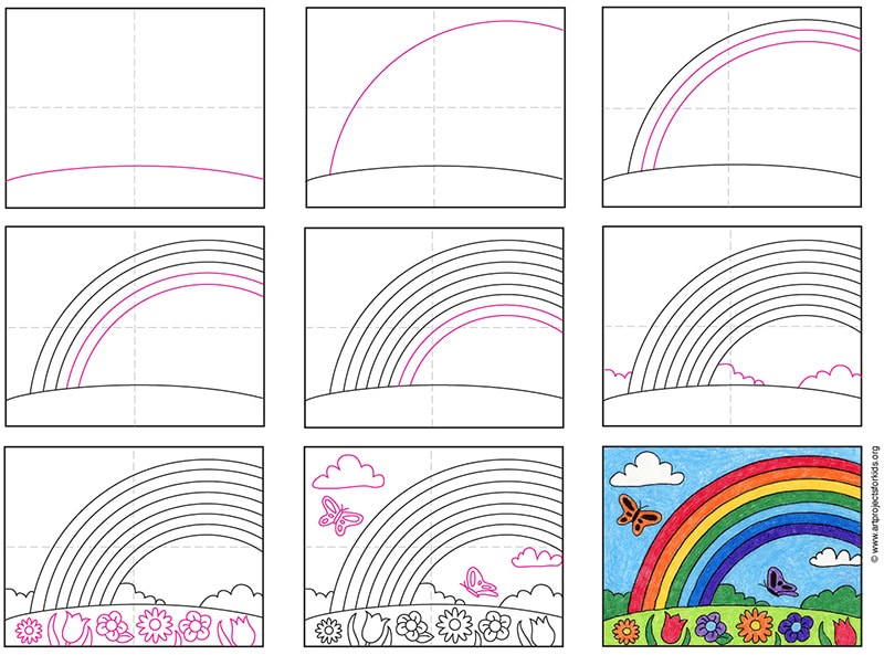 A step by step tutorial for how to draw an easy rainbow, also available as a free download.