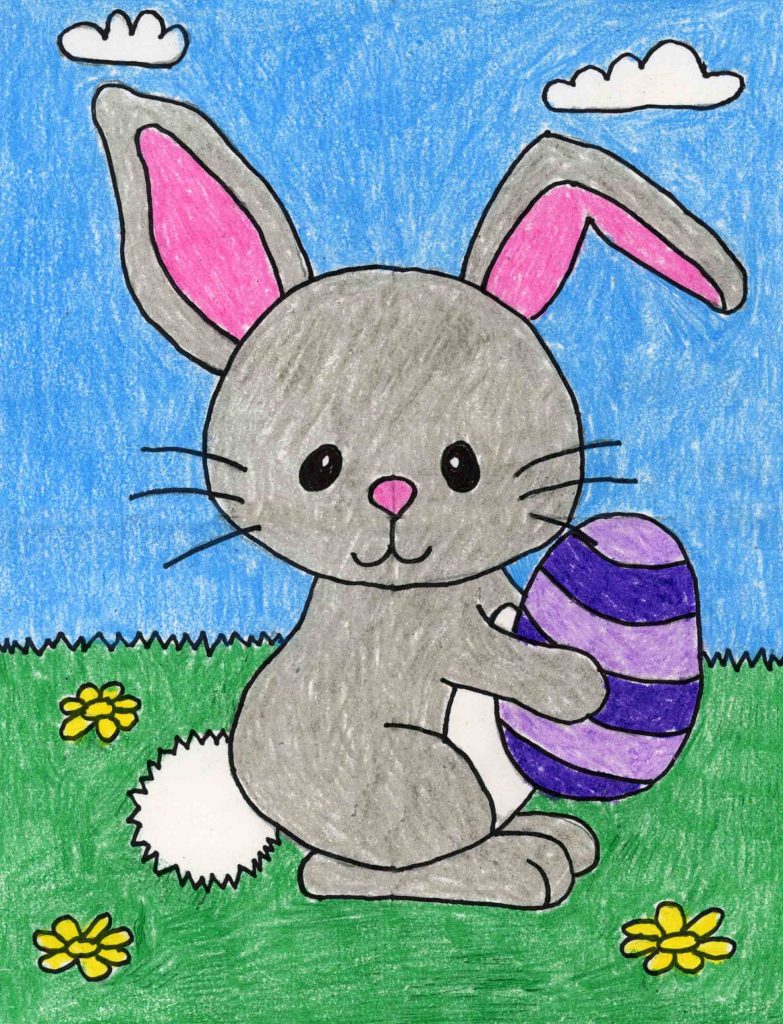 A drawing of the Easter Bunny, made with the help of an easy step by step tutorial.