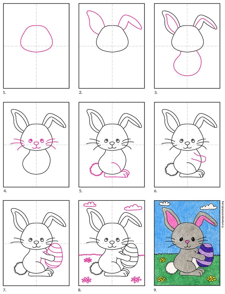 A step by step tutorial for how to draw an easy Easter Bunny, also available as a free download.