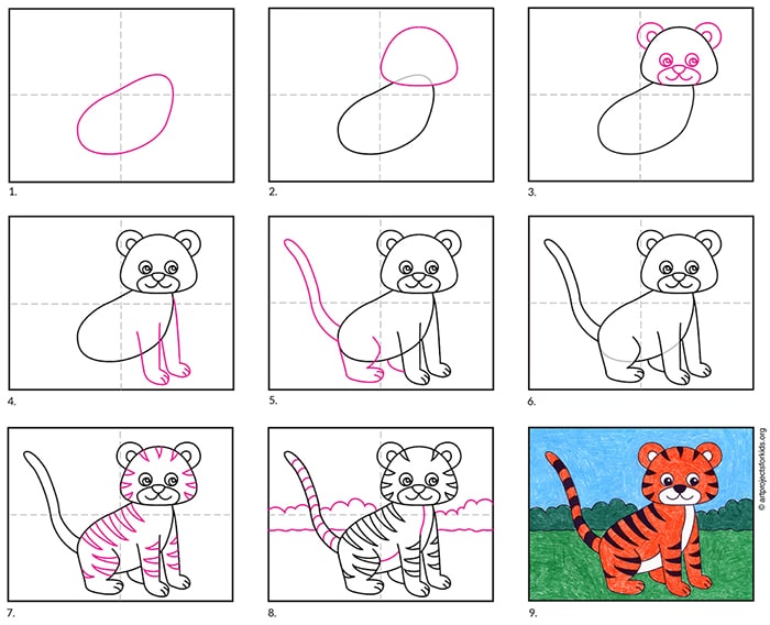A step by step tutorial for how to draw an easy tiger drawing for kids, also available as a free download.
