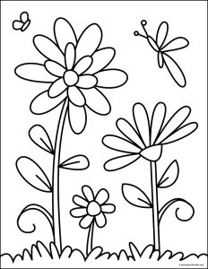 Easy How to Draw Flowers Tutorial Video & Flowers Coloring Page