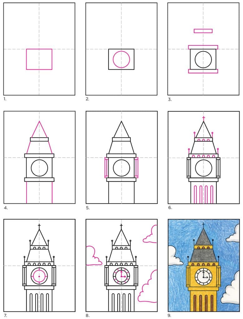 A step by step tutorial for how to draw an easy Big Ben, also available as a free download.