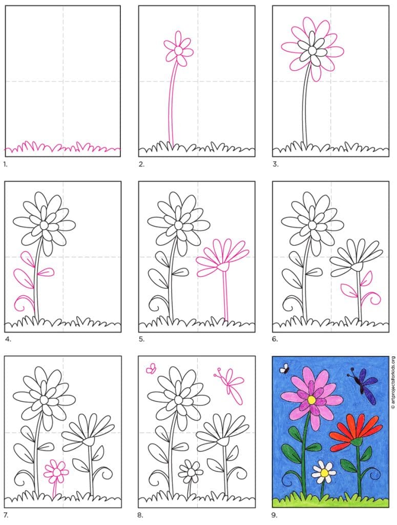 A step by step tutorial for how to draw an easy Flower, also available as a free download.