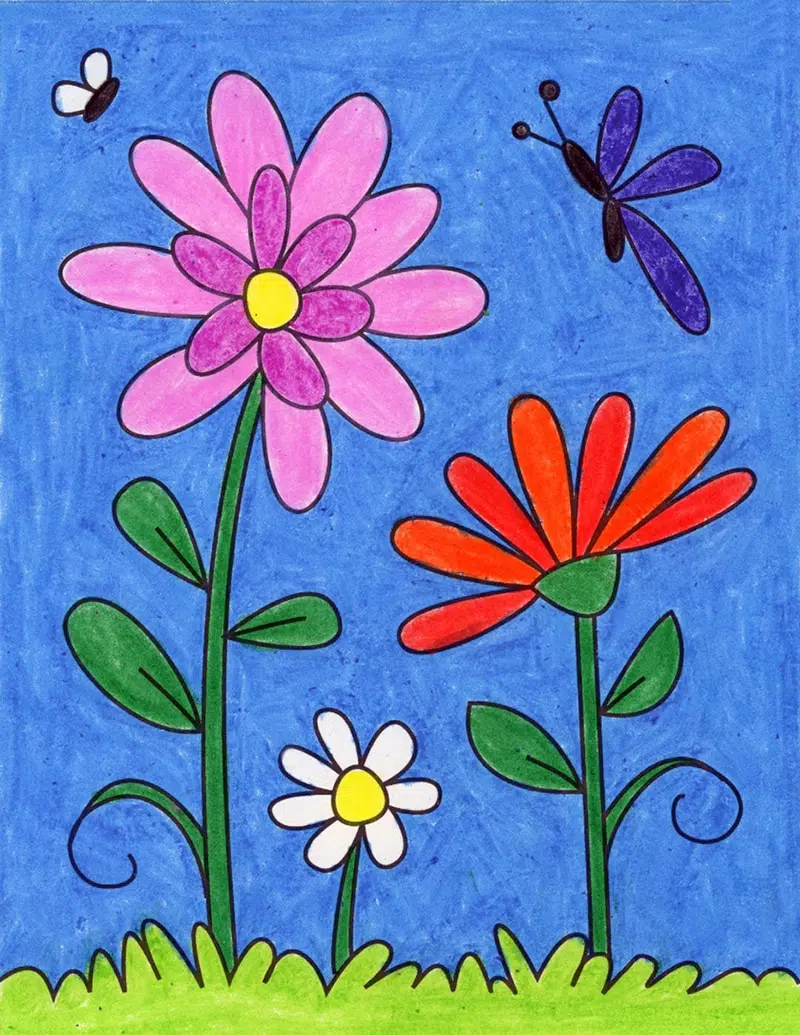 Easy How to Draw Flowers Tutorial and Flowers Coloring Page