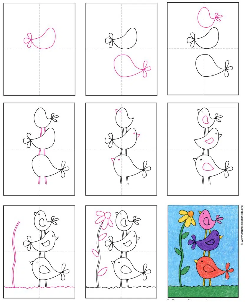 A step by step tutorial for how to draw easy birds, also available as a free download.