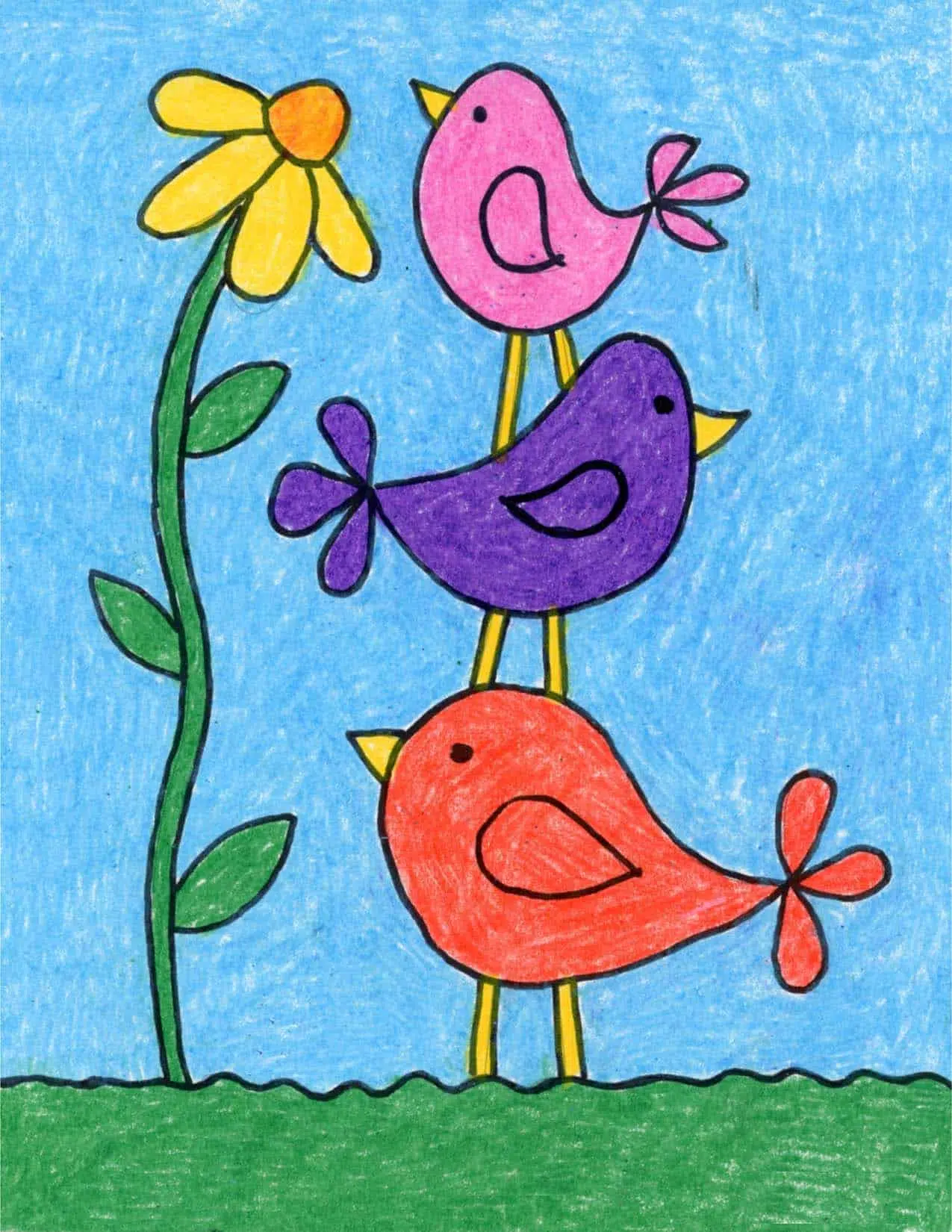 Easy How to Draw Simple Birds Tutorial Video and Birds Coloring Page