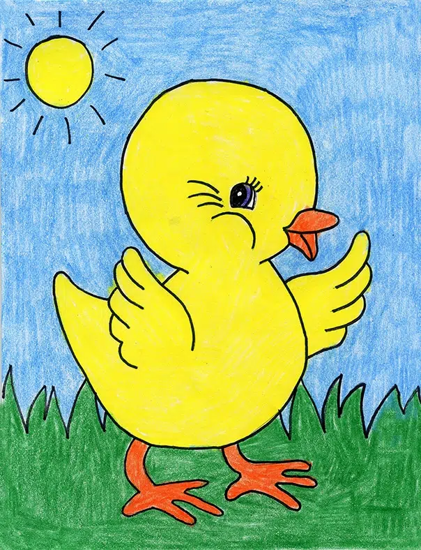 A drawing of a Baby Chick, made with the help of an easy step by step tutorial. 