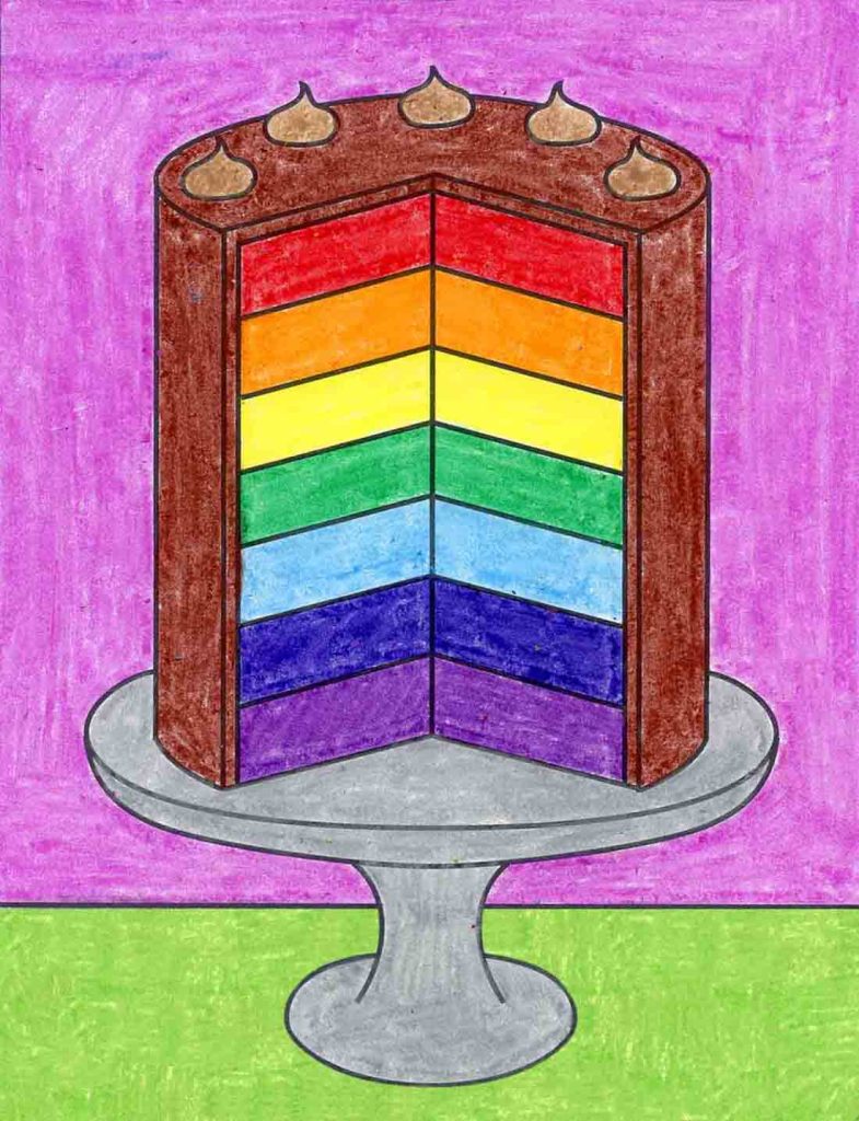 A drawing of a cake, made with the help of an easy step by step tutorial. 