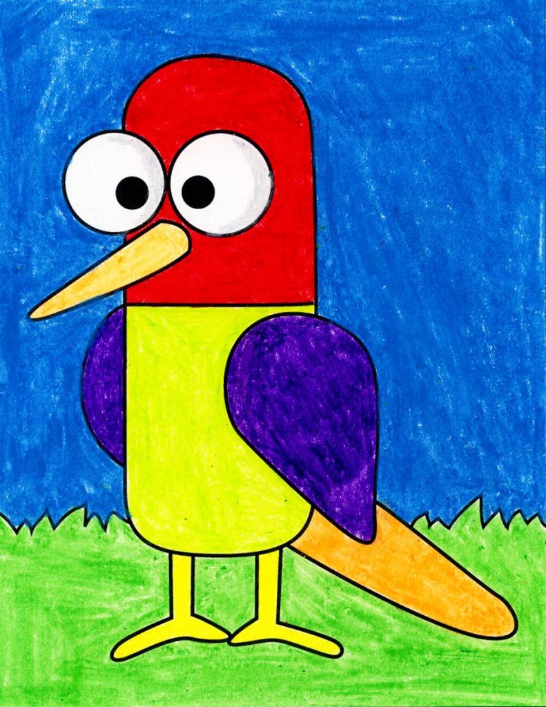 A drawing of a Cartoon Bird, made with the help of an easy step by step tutorial.