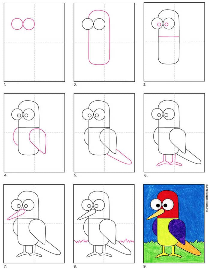 Easy How to Draw a Cartoon Bird Tutorial and Cartoon Bird Coloring Page