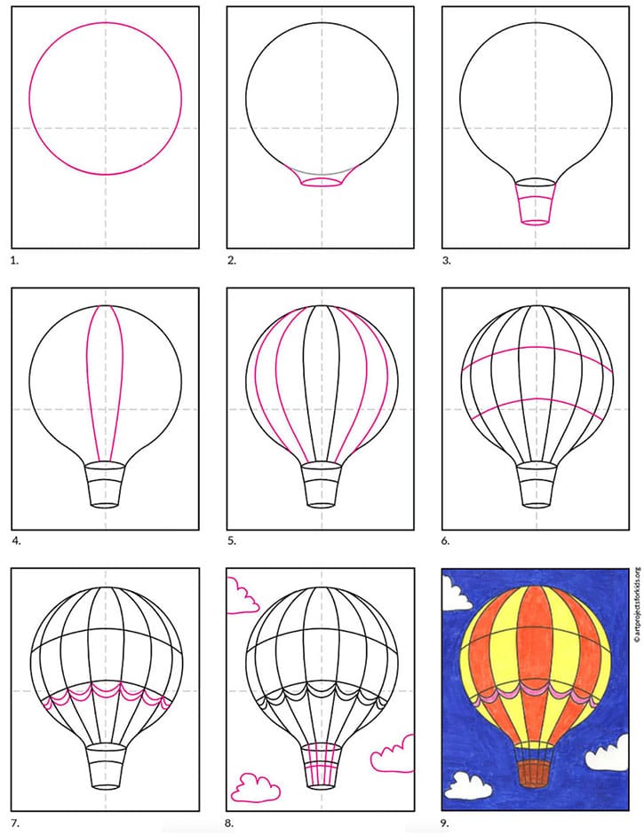How to Draw a Hot Air Balloon diagram — Activity Craft Holidays, Kids, Tips