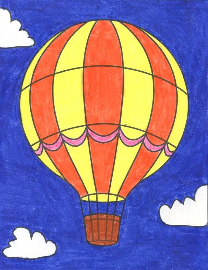 Easy How to Draw a Hot Air Balloon Tutorial and Hot Air Balloon Coloring Page