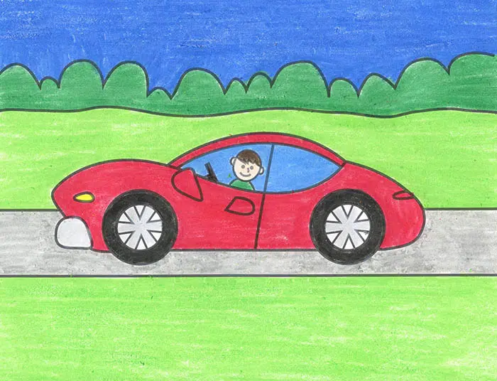 A drawing of a sports car, made with the help of an easy step by step tutorial. 