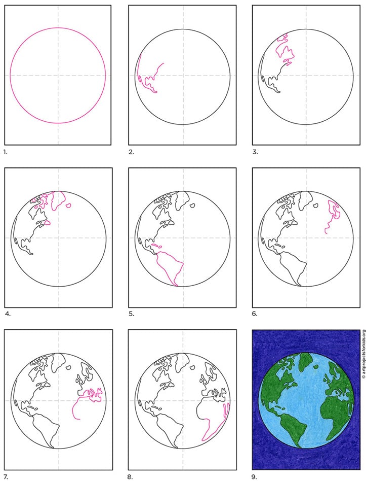 A step by step tutorial for how to draw an easy Earth, also available as a free download.