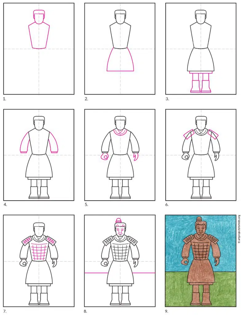 A step by step tutorial for how to draw an easy terracotta warrior, also available as a free download.
