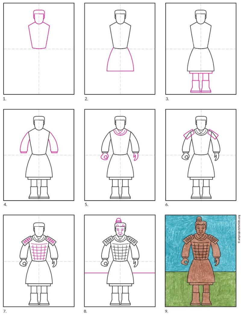 Easy how to draw a Terracotta Warrior and Warrior Coloring Page