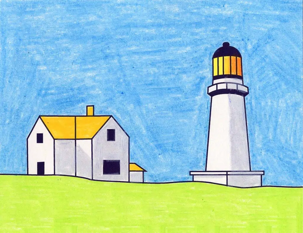 A drawing of an Edward Hopper art project for kids, made with the help of an easy step by step tutorial.