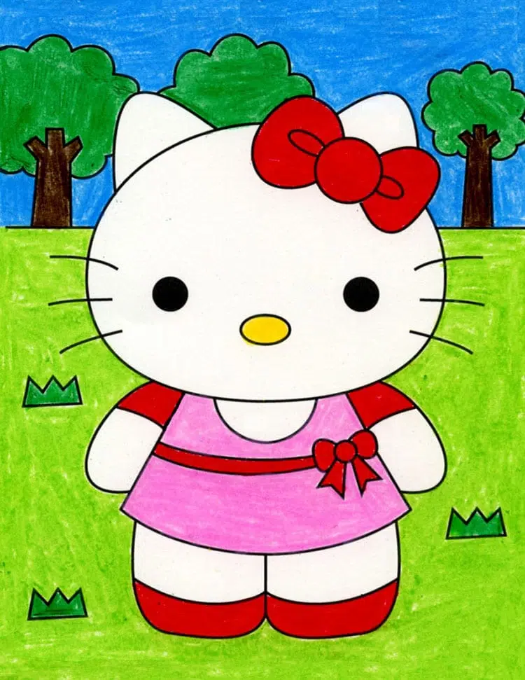 Easy How to Draw Hello Kitty Tutorial Video and Hello Kitty Coloring Page