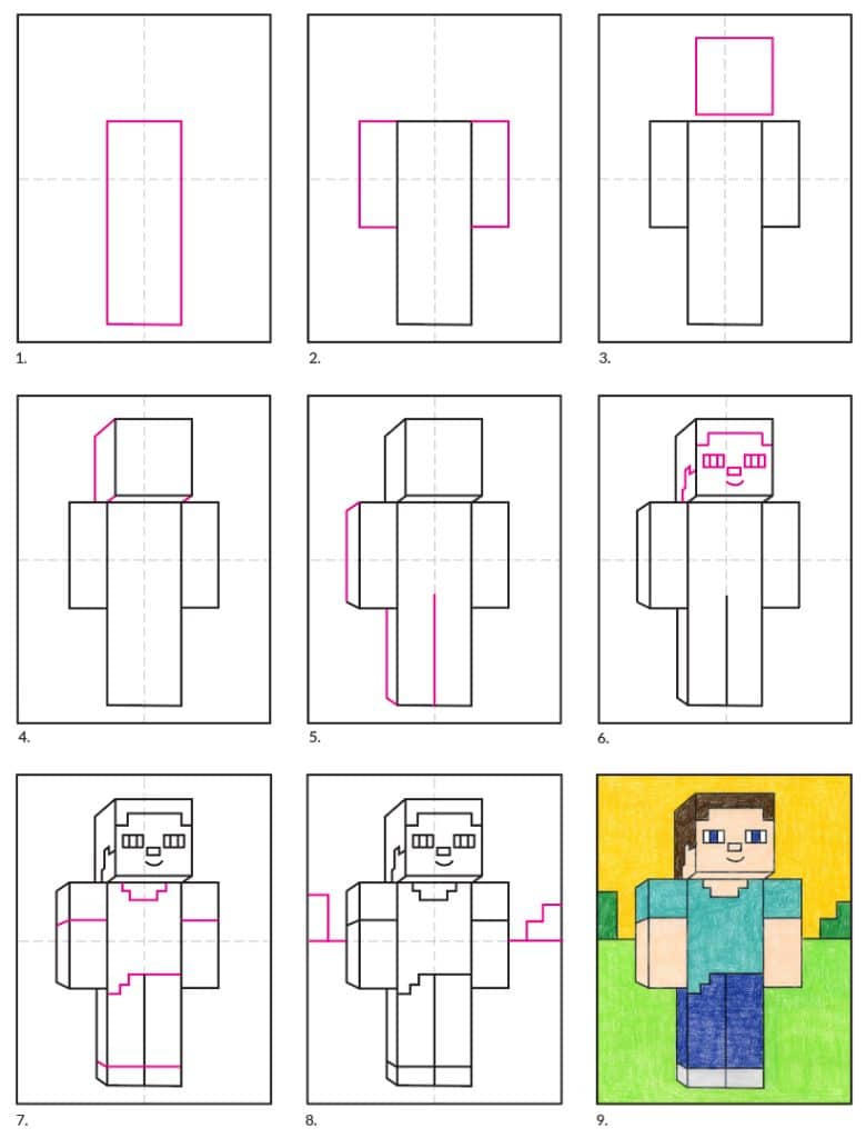 A step by step tutorial for how to draw an easy minecraft character, also available as a free download.