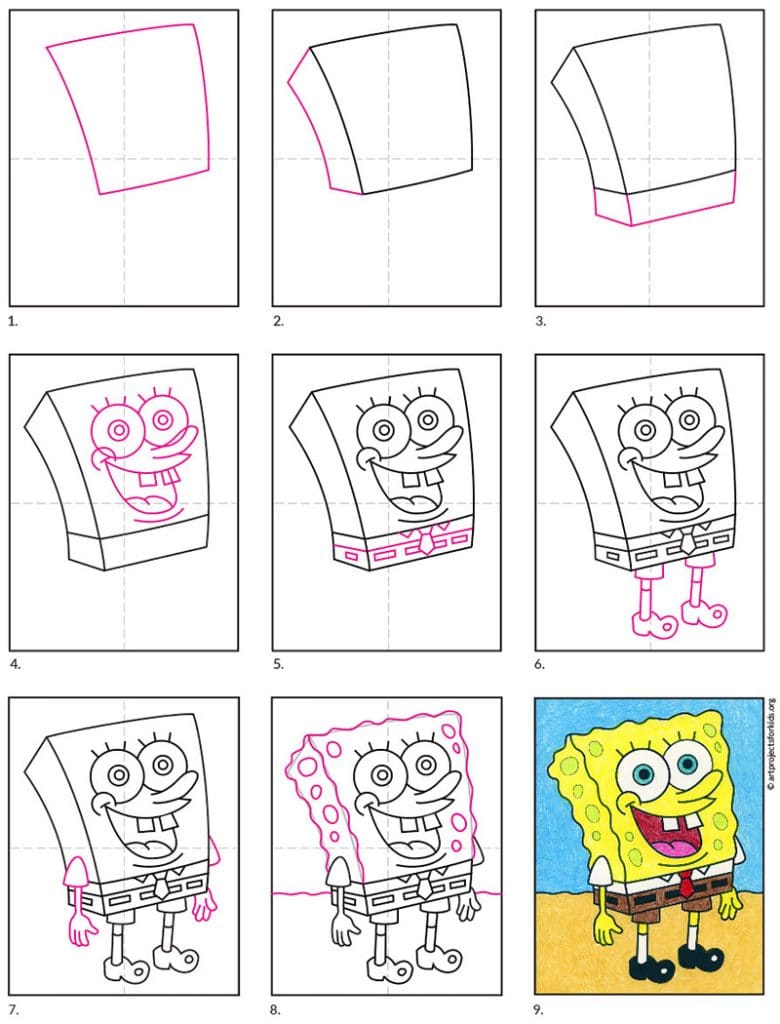 A step by step tutorial for how to draw an easy SpongeBob SquarePants, also available as a free download.
