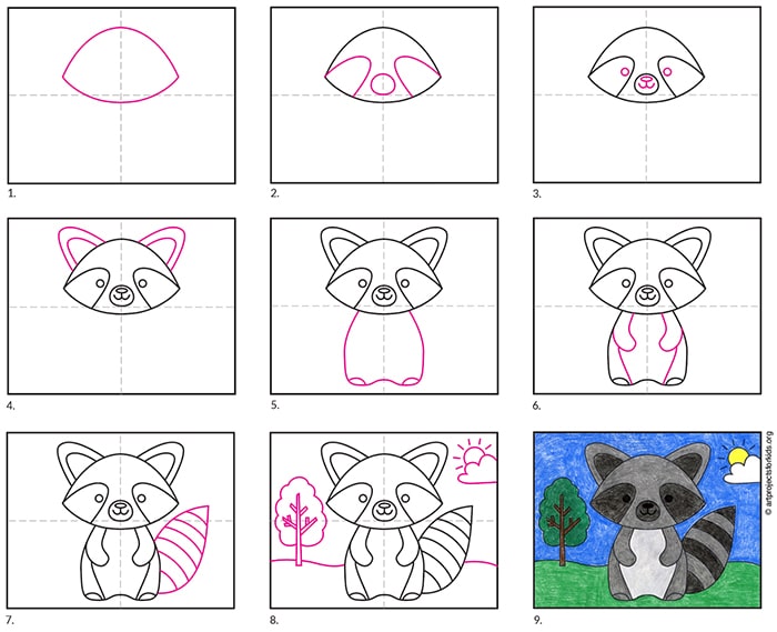 A step by step tutorial for how to draw an easy Raccoon, also available as a free download.