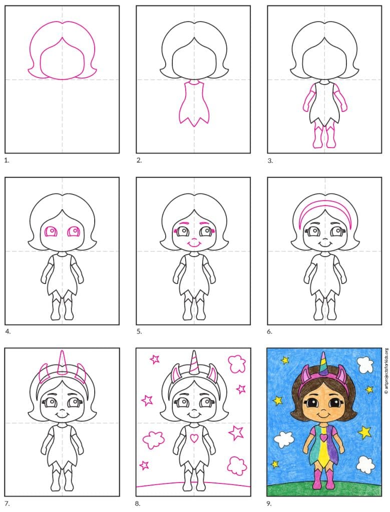 A step by step tutorial for how to draw an easy Unicorn Girl, also available as a free download.