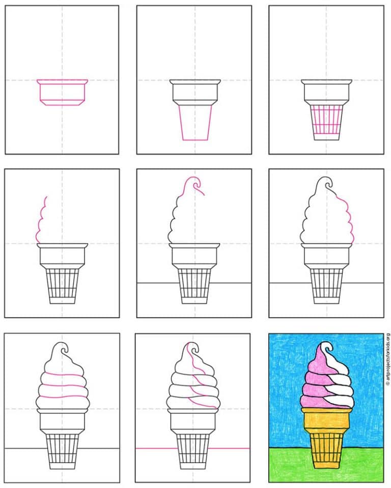 Easy How to Draw an Ice Cream Cone Tutorial Video and Coloring Page