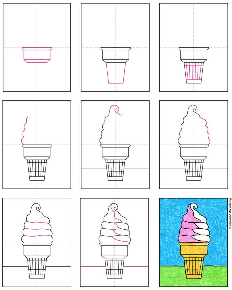 A step by step tutorial for how to draw an easy Ice Cream Cone, also available as a free download.