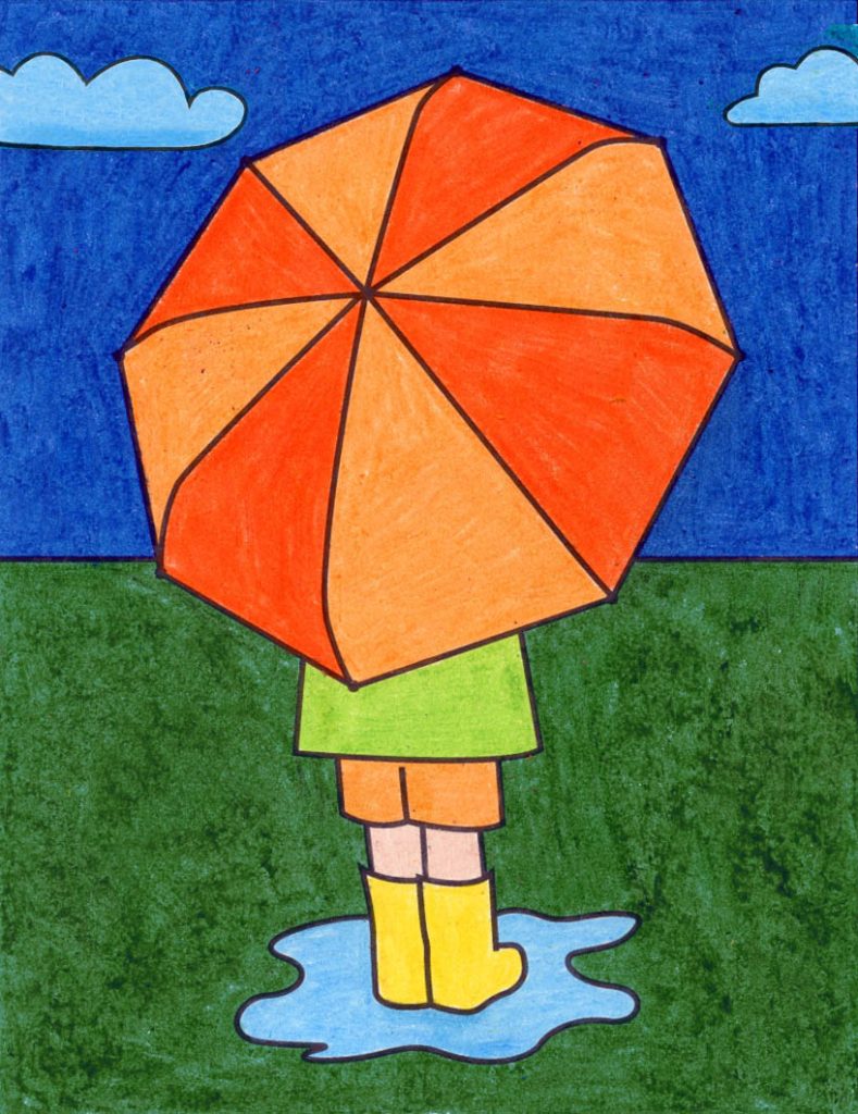 A drawing of an umbrella, made with the help of an easy step by step tutorial.