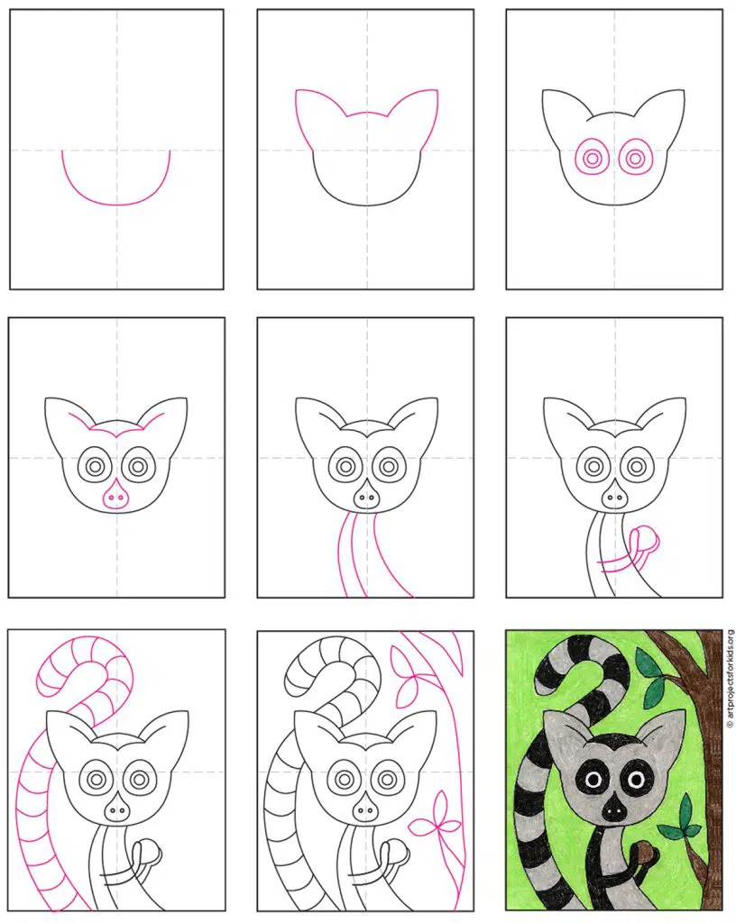 A step by step tutorial for how to draw an easy Lemur, also available as a free download.