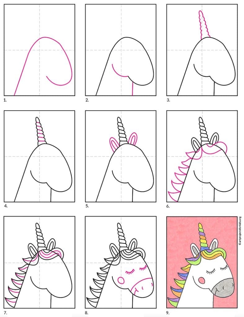 A step-by-step tutorial for drawing a simple unicorn head, also available as a free download.