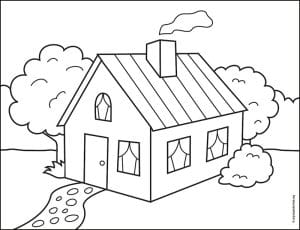 Easy How to Draw a 3D House Tutorial and 3D House Coloring Page