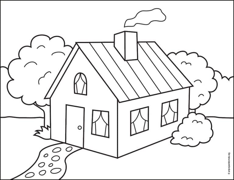 Easy How To Draw A 3d House Tutorial And House Coloring Page