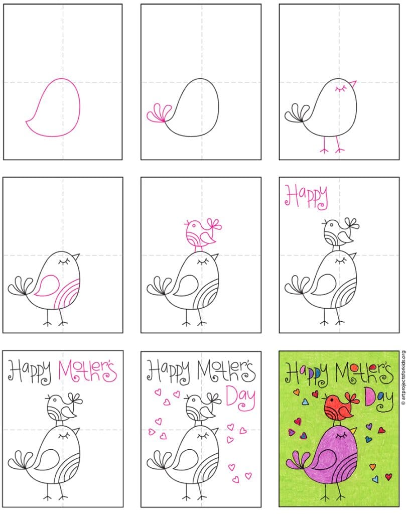 A step by step tutorial for how to draw an easy DIY Mother's Day Card, also available as a free download.