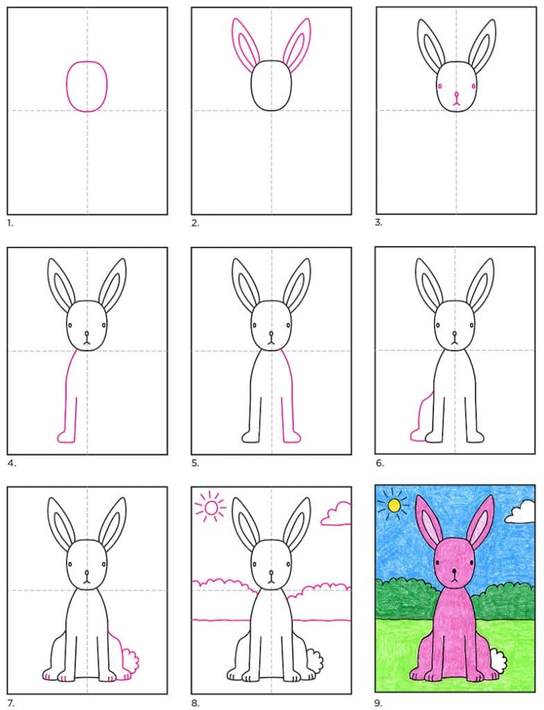 A step by step tutorial for how to draw easy bunny art, also available as a free download.