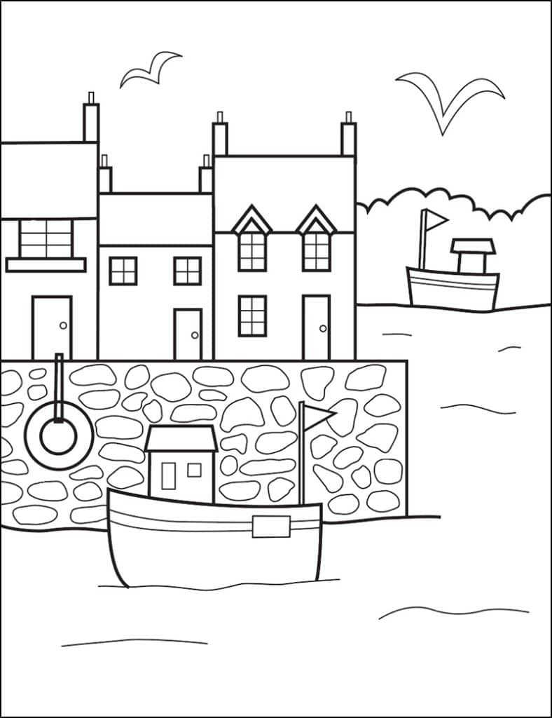 A fishing boat coloring page, also available as a free download.