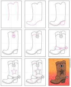 Easy How to Draw Cowboy Boots Tutorial and Cowboy Boot Coloring Page