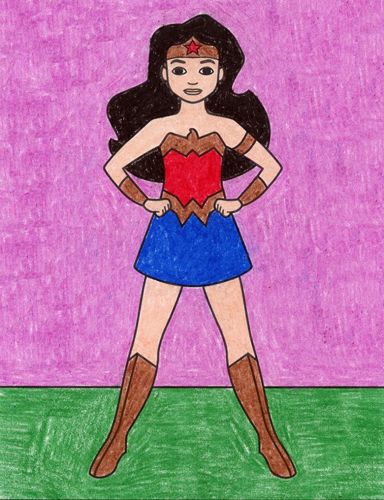 A drawing of Wonder Woman, made with the help of an easy step by step tutorial.