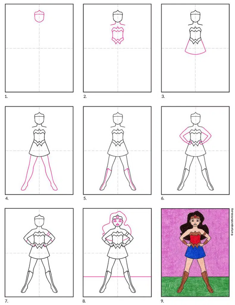 A step by step tutorial for how to draw an easy Wonder Woman, also available as a free download.