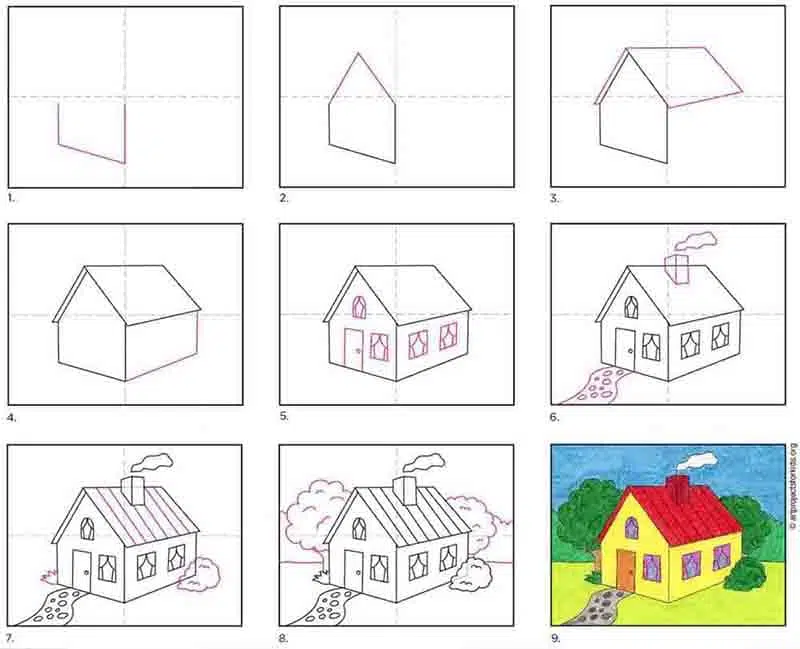 A step by step tutorial for how to draw an easy 3D House, also available as a free download.
