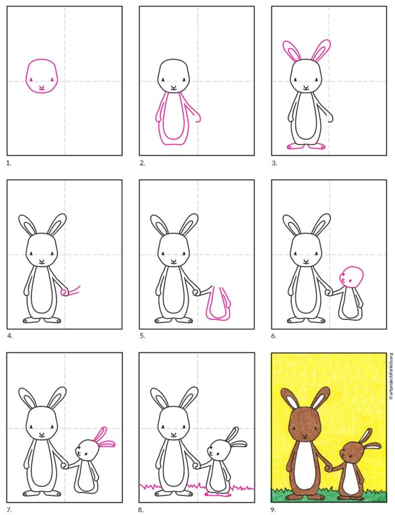 A step by step tutorial for how to draw an easy baby bunny, also available as a free download.